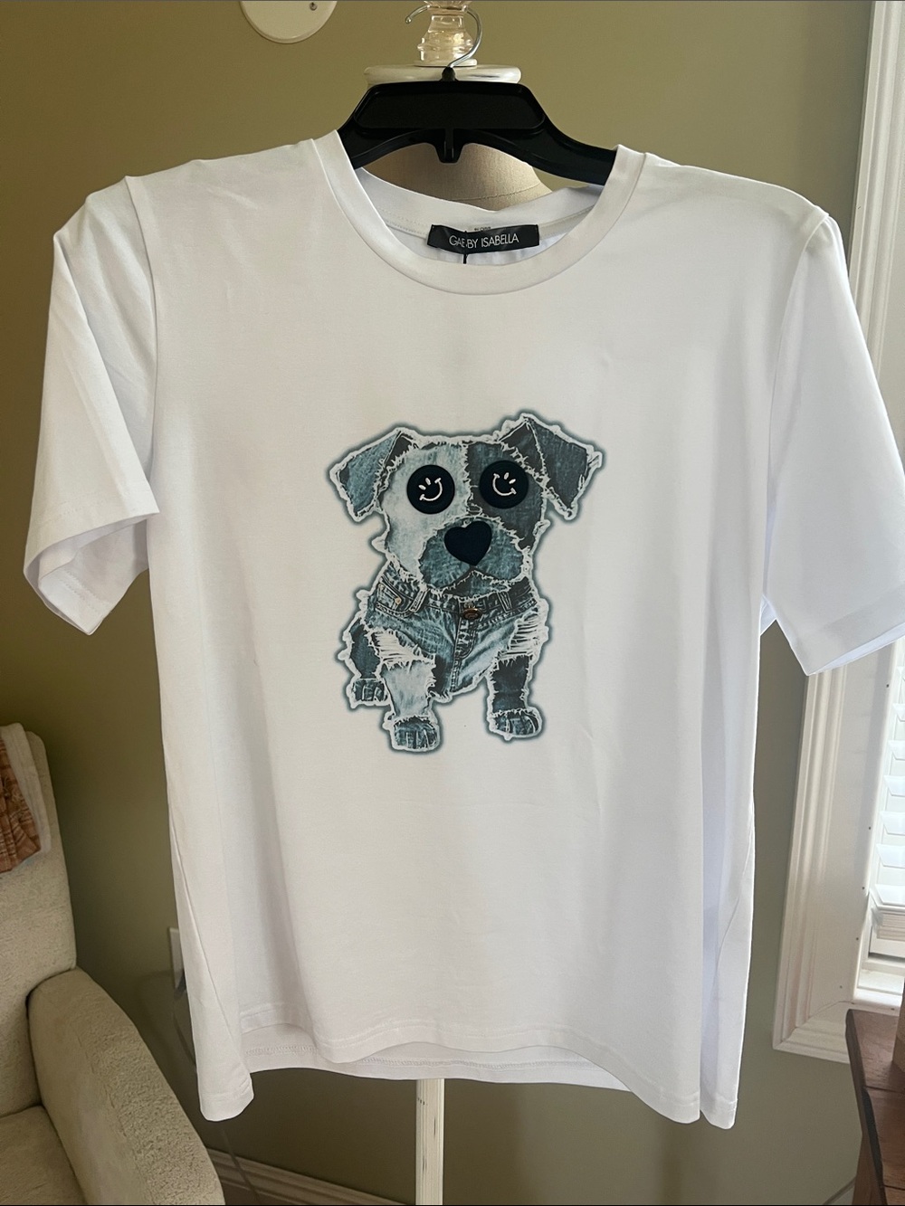 Gabby Isabella White Tee with Denim-Look Puppy Patch Small "G" Collar